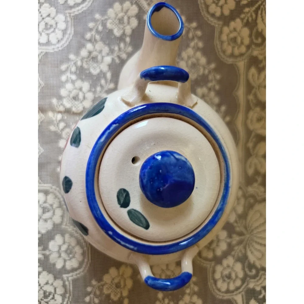 Vtg Made in Japan Hand Painted Flower Tea Pot Blue Red Floral Crazing Glaze